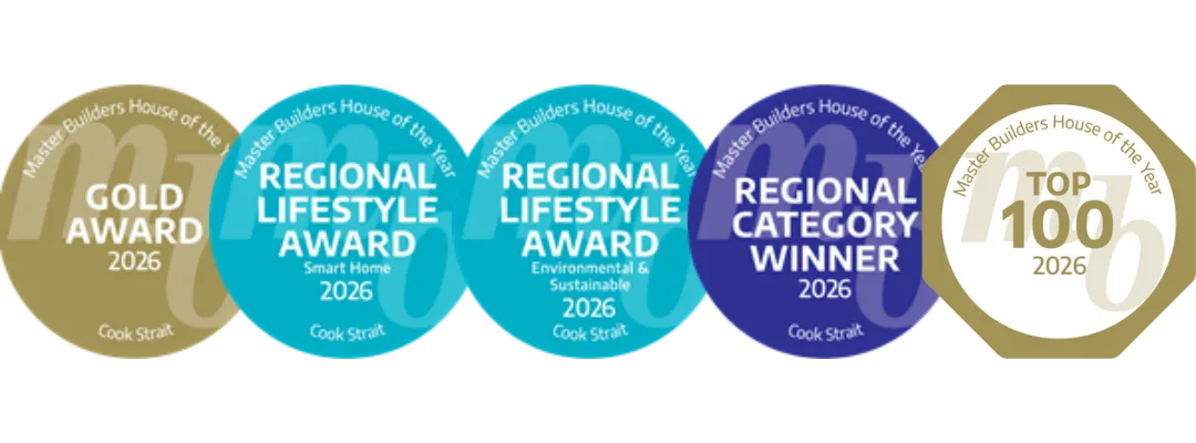 Master Builders House of the Year 2026 Cook Strait awards: Gold Award, Regional Lifestyle Award (Smart Home), Regional Lifestyle Award (Environmental & Sustainable), Regional Category Winner, and Top 100