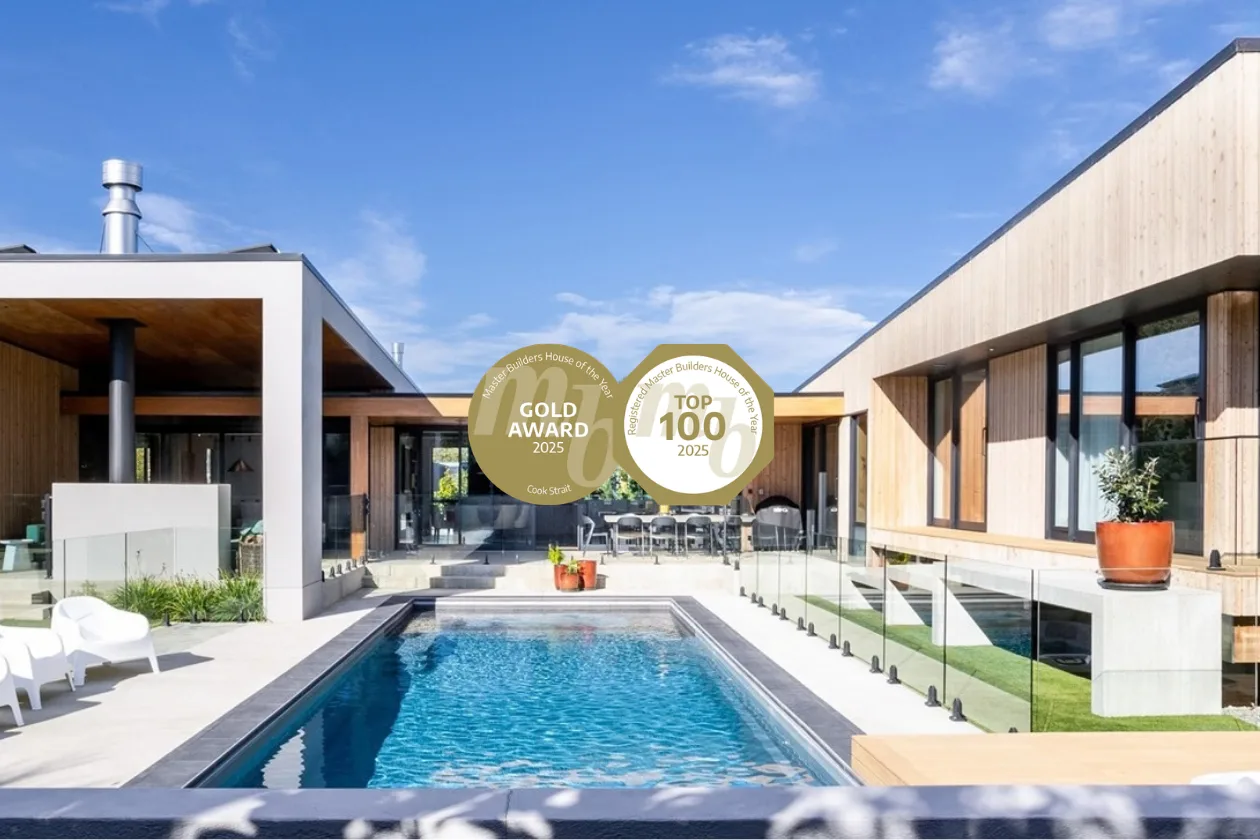 Pool and courtyard at Martinborough new home by Scotty's Construction, with 2025 House of the Year Gold and Top 100 badges